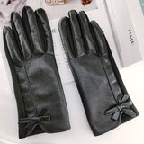 Monochrome PU Leather Gloves Stylish Bow Decor Touchscreen Gloves Autumn Winter Thick Soft Warm Waterproof Driving Gloves