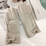 Monochrome PU Leather Gloves Stylish Bow Decor Touchscreen Gloves Autumn Winter Thick Soft Warm Waterproof Driving Gloves