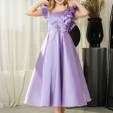 Exquisitely Handcrafted Lavender Dream Flower Girl Dress - Luxurious Satin Formal Gown with Fluttery Angelic Sleeves and Delicate Floral Embellishments for Special Occasions