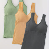 3pcs, Women's Solid Color Inner Casual Bottoming Beautiful Back Top Push-up Sleeveless Camisole With Chest Pads