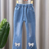 Girls Fashion 82% Cotton Elastic Waist Blue Denim Flared Jeans With White Embroidered Bow Tie & Lace Detail, Frayed Hem, Pearl Accents, Casual Street Style Trousers