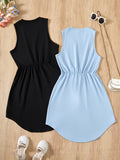 2PCS Teen Girls Fashionable Striped Sleeveless Tunic Dresses - Comfy & Breathable, Perfect for Summer Outings & Casual Wear