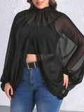 Plus Size Elegant Mock Neck Split Blouse - Flattering Chic Design with Dramatic Lantern Sleeve - Ideal for Spring & Fall, Comfortable Fit for Curvy Women