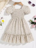 Charming Summer Princess Dress for Girls - Puff Sleeves, Shirred Floral Design with Ruffle Hem - Perfect for Parties and Beach Outings