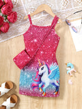 Girls Magical Unicorn Cami Dress - Soft & Stretchy Summer Sundress with Playful Suspenders - Ideal for Casual Wear