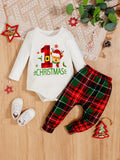 2pcs Baby Boys Christmas Elk Long Sleeve Onesie Top + Contrast Color Plaid Footed Trousers Set