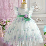 Elegant Summer  Floral Princess Dress for Girls - Durable, Knee-High with Flutter Sleeves & Belt