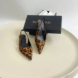 Womens Flat Bottom Slingback Sandals Leopard Pointed End Woman Mules Summer Fashion Animal Print Lowheel Beach Shoes 240615