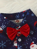 2pcs Boy's Gentleman Santa Pattern Outfit, Short Sleeve Bowtie Shirt & Shorts Set for Daily & Outdoor Wear, Christmas Gift