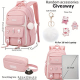 Backpack for Girls Set with Pencil Case 15.6 Inch Laptop School Bag Cute Kids Elementary College Backpacks Large Bookbags for Women Teens Students Anti Theft Travel Daypack - Pink