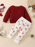 2pcs Christmas Waffle Baby's Round Neck Long Sleeve Pullover & Cute Cartoon Print Trousers Set, Outdoor Cloth