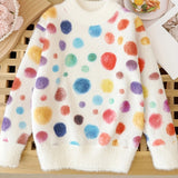 Vibrant Dots Faux Mink Plush Knit Pullover Sweater for Girls - Soft, Warm, Crew Neck Design for Autumn/Winter - Cozy, Colorful, and Comfortable