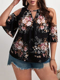 Plus Size Floral Print Blouse - Chic Keyhole Neckline, Trendy Cold Shoulder Design, Exuding Elegant Charm - Designed for Plus Size Women, Perfect for Spring and Summer Seasons, Part of Womens Plus Size Clothing Collection