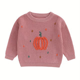 Cozy Pumpkin Pattern Toddler Sweater - Soft Chunky Knitwear, Long Sleeve, Round Neck, Warm Pullover for Boys and Girls - Perfect for Halloween, Autumn, and Winter Season