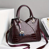 Luxurious Crocodile Patterned Tote Bag - Zipper Closure, Checkered Design, Polyester Lining, PU Material, Edge Painted - Elegant Satchel with Cherry Pendant Accent