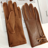 Monochrome PU Leather Gloves Stylish Bow Decor Touchscreen Gloves Autumn Winter Thick Soft Warm Waterproof Driving Gloves