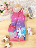 Girls Magical Unicorn Cami Dress - Soft & Stretchy Summer Sundress with Playful Suspenders - Ideal for Casual Wear