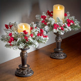 1pc Classic Christmas Wreath Candle Holder Centerpiece - Flocked Artificial Pine with Red Berries, Flameless Pillar Candles Included, Featherless Festive Tabletop Garland, Easy No-Power Holiday Decor