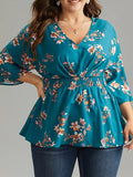 Plus Size Floral Charm - Flattering Shirred Waist Blouse with Charming Print - Stylish V Neck 3/4 Sleeve Top for Spring & Fall - Trendy Womens Plus Size Clothing