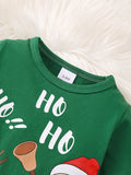 Christmas Baby Boy Romper Set Green Cute Round Neck Santa Claus Print Romper Long Sleeve Knitted Top + Elk Print Trousers Set, For Outdoor