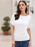 Chic Dolman Fit Short Sleeve T-Shirts for Women - Ruched, Boat Neck, Lightweight, Breathable, Summer Essentials - Casual, Comfortable, Versatile Tops for Everyday Wear