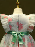 Elegant Summer  Floral Princess Dress for Girls - Durable, Knee-High with Flutter Sleeves & Belt