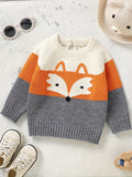 Cute Cartoon Fox Long Sleeve Baby Sweater - Soft Medium Stretch Acrylic Knit Fabric, Rib-Knit Crew Neck, Pullovers, Raglan Sleeve - Hand Washable, Perfect for Fall/Winter Season