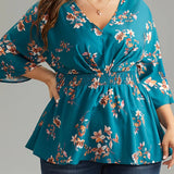 Plus Size Floral Charm - Flattering Shirred Waist Blouse with Charming Print - Stylish V Neck 3/4 Sleeve Top for Spring & Fall - Trendy Womens Plus Size Clothing