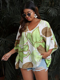 Plus Size Women's Fashionable Leaf Print Top - Flattering Batwing Sleeves & V-Neck Design - Versatile, Breezy Blouse for Daily & Casual Wear