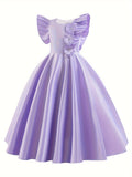 Exquisitely Handcrafted Lavender Dream Flower Girl Dress - Luxurious Satin Formal Gown with Fluttery Angelic Sleeves and Delicate Floral Embellishments for Special Occasions