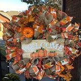 Charming Fall Welcome Wreath - 16" Pumpkin & Autumn Leaves Design, Perfect for Thanksgiving & Halloween Decor, Easy-to-Hang Fabric Door Accent