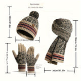 4pcs/set Autumn Winter Warm Knit Hat Gloves Scarf Set 1pc Fleece Lined Beanie Hat & 2pcs Elastic Split Finger Touchscreen Gloves & 1pc Snowflake Jacquard Scarf Combination