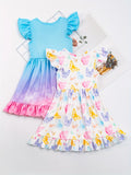 Charming Summer Dress Set for Girls - Butterfly & Tie Dye Design with Playful Flying Sleeves - Ideal for Casual and Fashionable Outdoor Wear