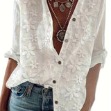 Chic Plus Size Floral Embroidered Blouse - Stylish Long Sleeve Buttons for Spring - Trendy & Comfortable Womens Clothing