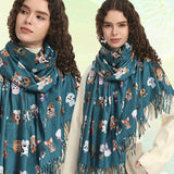 Playful Dog Breed Print Scarf - Cozy Tasseled Shawl for Autumn & Winter - Soft Accessory for Outfit Enhancement