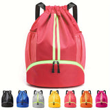 Water Resistant Striped Soft Shell Drawstring Daypack Backpack - Spacious Utility Pockets, Shoe Compartment, Mesh Panels, Cord Embellishment - Hand Wash Only, Normal Waterproof, Polyester Fiber Material