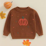 Cozy Pumpkin Pattern Toddler Sweater - Soft Chunky Knitwear, Long Sleeve, Round Neck, Warm Pullover for Boys and Girls - Perfect for Halloween, Autumn, and Winter Season