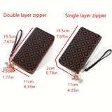 Retro Double Zipper Long Wallet With Wristlet, Heart Print Clutch Bag, Faux Leather Mobile Phone Purse