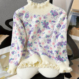 Adorable Floral Print Half Turtleneck Sweater - Soft Thick Fleece, Imitation Mink Lining, Cute Small Floral Pattern, Autumn and Winter Essential, Cozy and Warm for Girls