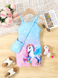 Girls Magical Unicorn Cami Dress - Soft & Stretchy Summer Sundress with Playful Suspenders - Ideal for Casual Wear