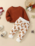 2pcs Christmas Waffle Baby's Round Neck Long Sleeve Pullover & Cute Cartoon Print Trousers Set, Outdoor Cloth