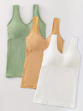 3pcs, Women's Solid Color Inner Casual Bottoming Beautiful Back Top Push-up Sleeveless Camisole With Chest Pads