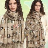 Playful Dog Breed Print Scarf - Cozy Tasseled Shawl for Autumn & Winter - Soft Accessory for Outfit Enhancement