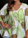 Plus Size Women's Fashionable Leaf Print Top - Flattering Batwing Sleeves & V-Neck Design - Versatile, Breezy Blouse for Daily & Casual Wear