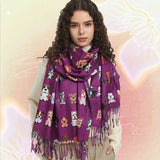 Playful Dog Breed Print Scarf - Cozy Tasseled Shawl for Autumn & Winter - Soft Accessory for Outfit Enhancement