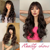 26" Long, Wavy, Dark Brown Curly Wig - Premium Protein Fiber, Natural Looking, Cosplay Ready - Halloween Costume, Hair Replacement, Women's Long Brown Wig with Bangs