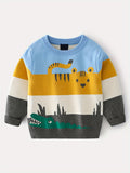 Boys' Vibrant Color Block Cartoon Tiger and Crocodile Knit Sweater - Soft Medium Stretch Cotton Blend Crew Neck Long Sleeve Pullover Top for Outdoor Play - Hand Wash Only, Fall/Winter Season, Regular Fit