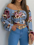 Plus Size Floral Print Crop Blouse - Charming Tie Front, Off Shoulder, Long Sleeve, Casual Style for Spring & Fall Seasons - Designed for Plus Size Women, Womens Clothing