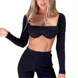 Women's Rib Knit Crop Tops, Sexy Long Sleeve Square Neck Solid Color Stretchy Blouse