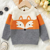 Cute Cartoon Fox Long Sleeve Baby Sweater - Soft Medium Stretch Acrylic Knit Fabric, Rib-Knit Crew Neck, Pullovers, Raglan Sleeve - Hand Washable, Perfect for Fall/Winter Season